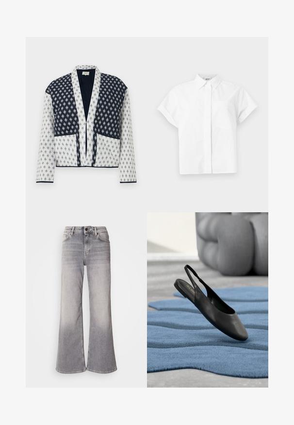 Prešívaná bunda s námornícko modrým a bielym vzorom, s hlbokým výstrihom do V, dlhými rukávmi a dvoma prednými vreckami. Elegantné kontrastné okraje.; Biela košeľa s krátkym rukávom na zapínanie na gombíky, s klasickým golierom a náprsným vreckom, zobrazená na jednofarebnom svetlom pozadí.; Mos Mosh HERA - Zvonové džínsy - grey; Čierna kožená plochá obuv so zadným remienkom ležiaca na modrom textúrovanom koberci so sivým vankúšovým pozadím.