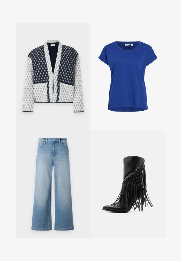 Veste matelassée avec un motif bleu marine et blanc, dotée d'un profond col en V, de manches longues et de deux poches avant. Bords contrastants élégants.; T-shirt bleu à manches courtes en tissu coton doux. Il présente un col rond et une coupe décontractée avec des poignets retroussés.; Jean en denim bleu clair à jambes larges, taille haute, design à cinq poches, couture visible et fermeture à bouton à l'avant.; Bottine noire à talon haut avec franges inclinées et œillets métalliques le long du bord supérieur, bout pointu et talon stiletto.