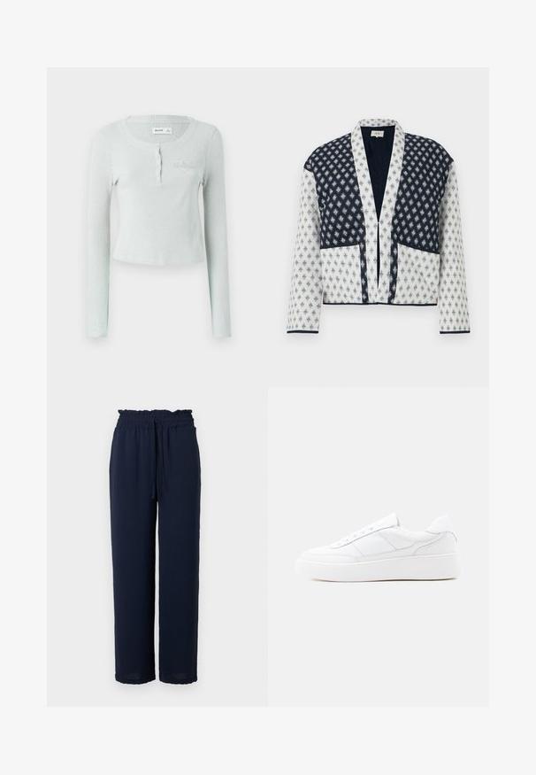 Kviltet jakke med et navy og hvidt mønster, der har en dyb V-hals, lange ærmer og to forlommer. Elegant kontrastender.; Lysegrøn ribbet langærmet top med rund halsudskæring, knaplukning og et diskret præget logo på brystet. Blød tekstur.; Marineblå brede bukser med elastisk papirposeliv og snøre, lavet af let tekstureret stof.; Hvid lavtop-sneaker med tyk sål, snørelukning og diskrete syningsdetaljer på en ensfarvet lys baggrund.