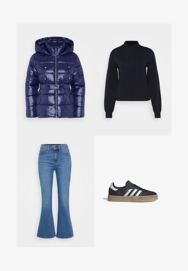 Chaqueta acolchada de color navy con acabado brillante, capucha, cierre de cremallera, cordones ajustables y cintura con cinturón. Textura acolchada y bolsillos laterales.; Suéter negro de cuello alto hecho de un suave y elástico tejido de punto. Presenta mangas largas y un diseño ajustado con detalles ribeteados en el cuello y los puños.; Jeans de campana en azul claro con cintura alta, hechos de mezclilla. Las características incluyen dos bolsillos frontales y un cierre de botón en la cintura.; Zapatilla deportiva de cuero negro con tres rayas plateadas, punta texturizada y suela de goma. Cuenta con un collar acolchado y un diseño con cordones.