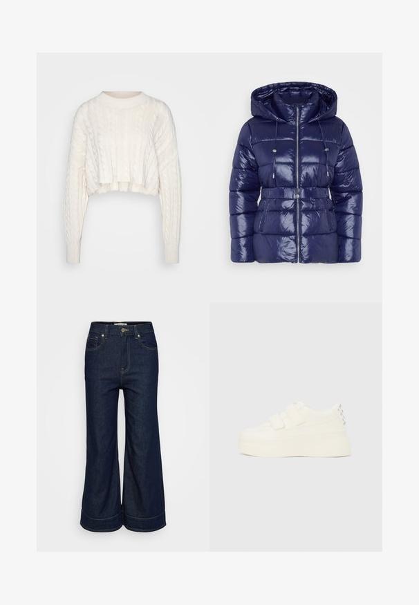 Veste doudoune marine avec une finition brillante, capuche, fermeture éclair, cordons de serrage réglables et taille ceinturée. Texture matelassée et poches latérales.; Pull cropped en maille torsadée couleur ivoire, avec de longues manches et un col rond côtelé, présenté sur un fond uni.; Jean en denim bleu foncé à jambe large, avec fermeture à bouton et à glissière à l'avant, et design à cinq poches, présenté sur un fond clair.; Baskets à plateforme blanches avec double fermeture Velcro et clous argentés sur le talon, vues de côté sur un fond uni.
