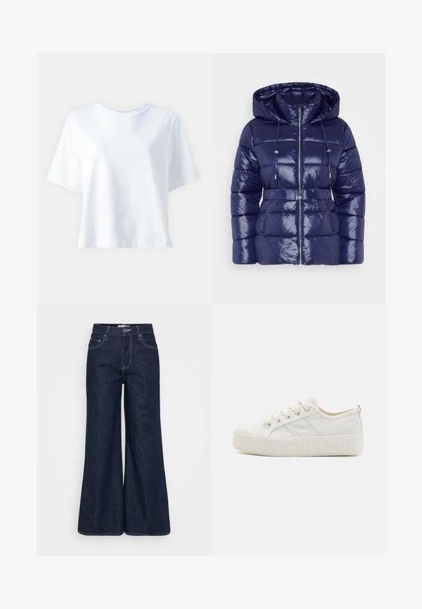 Marine blauwe pufferjack met een glanzende afwerking, capuchon, ritssluiting, verstelbare trektouwen en een ceintuur in de taille. Gevoerde textuur en zijzakken.; Witte katoenen t-shirt met een ronde hals, korte mouwen, een comfortabele pasvorm en een gladde textuur. Geen patronen of accenten zichtbaar.; Donkere denim wijde broek met een hoge tailleband, voorzien van voorzakken, contrasterende stiksels en een nette zoom.; Witte canvas sneakers met een gestructureerde rubberen zool, ronde neus en vetersluiting met drie zijstrepen.