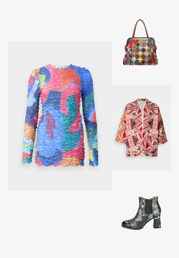 Multicolore geometrisch patroon kimono jacket met rode, roze, zwarte en oranje accenten. Heeft korte mouwen en een open voorkant ontwerp.; Meerkleurige jurk met lange mouwen en een geplooide textuur. Bevat levendige patronen in blauw, rood, groen en gele tinten. Golvende zoomdetail.; Zwarte enkellaars met bloemenpatroon, rekbare zijkant en blokhak. Het heeft meerkleurige strepen en dekoratieve stiksel.; Tote bag met bruine handvatten, diamantvormig patchwork van meerkleurige leren vierkanten, elk met een versiering van een bloem met vier blaadjes en kwastjes aan de handvatten.