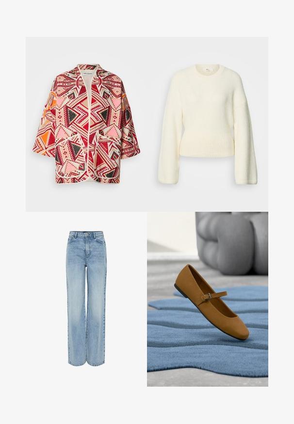Värviline geomeetrilise mustriga kimono jakker, punaste, roosade, mustade ja oranžide detailidega. Lühikeste varrukate ja avatud ees disainiga.; Kreemikas värvi pika varrukaga kudumiga kampsun, millel on soonikuga vöökohale ja ümar kaelus, esitletud valgel taustal.; Heledad sinine laiemate sääridega teksad, mis on valmistatud denimist. Omavad kõrget vööd, viit taskut ja peent fade'i tekstuuri jaoks. Klassikaline nupuga ja lukuga sulgemine.; Pruun Mary Jane madal king kinnitusrihmaga, hõljumas tekstuurse sinise vaiba kohal, taustal hall polsterdatud mööbel.