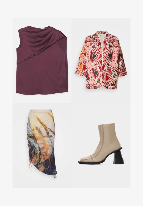 Veste kimono à motif géométrique multicolore avec des accents rouges, roses, noirs et oranges. Dotée de manches courtes et d'un design ouvert à l'avant.; Haut sans manches bordeaux en tissu lisse avec un design drapé, doté d'une coupe asymétrique et d'un col rond.; Materiel DIAGONAL GATHERED SKIRT - Jupe crayon - golden hour; Bottine beige en cuir avec bout carré, couture visible, et talon bloc noir sculpté et épais sur fond blanc.