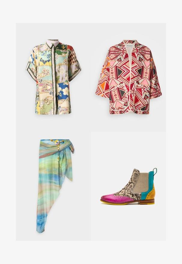 Veste kimono à motif géométrique multicolore avec des accents rouges, roses, noirs et oranges. Dotée de manches courtes et d'un design ouvert à l'avant.; Chemise à boutons à manches courtes avec un design en patchwork comprenant plusieurs couleurs, des motifs floraux et géométriques, et un col.; Jupe portefeuille asymétrique en voile avec un motif dégradé bleu, vert et beige, fixée avec une ceinture décorative perlée et une boucle ronde.; Bottines colorées avec un bout en cuir verni rose, tissu à motif serpent, toile beige et accents turquoise et jaune sur le talon.