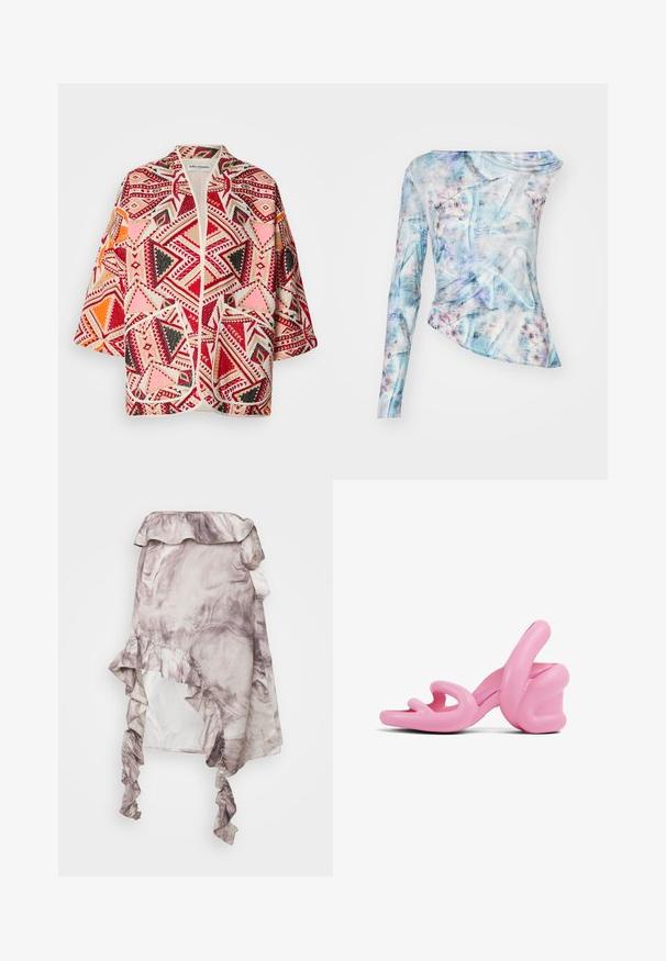 Multicolore geometrisch patroon kimono jacket met rode, roze, zwarte en oranje accenten. Heeft korte mouwen en een open voorkant ontwerp.; Asymmetrisch langslavend top in een blauw en roze abstract patroon, met een geplooid textuur en een ronde hals. Gemaakt van een lichtgewicht stof.; ROKH MIDI SKIRT RUFFLES - A-lijn rok - purple; Roze sculpturale hoge hakken sandaal met een golvend ontwerp en een chunky hak, gemaakt van glad plastic met uitsparingen in het teengebied.
