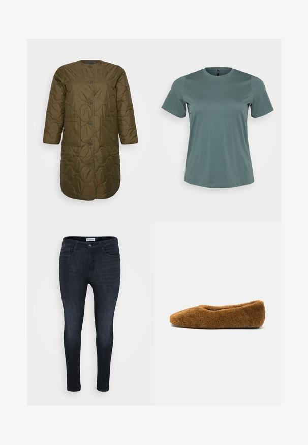Olivengrøn quiltet jakke med rund halsudskæring, knaplukning, to frontlommer og trekvartærmer. Glat tekstur og minimalistisk design.; Kortærmet t-shirt i afdæmpet grøn, rund halsudskæring, lavet af blød bomuldsblanding, med en glat tekstur og løs pasform.; Mørkeblå skinny jeans med en glat overflade, der har et klassisk fem-lomme-design og en lynlås med knaplukning.; Brune, fuzzy balletflade med en rund tå og blød tekstur. Lav profil med blødt overdel og sort sål.