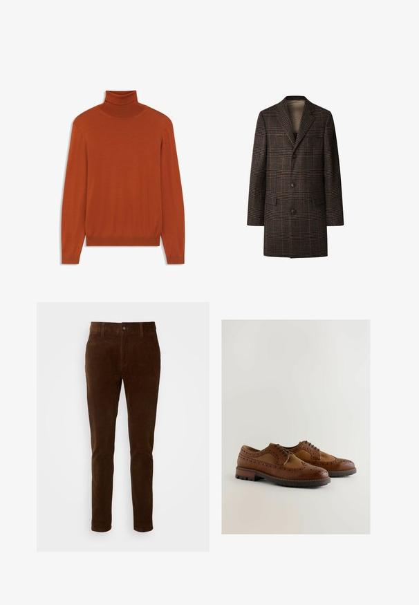 Manteau en laine à carreaux marron pour homme, avec des revers en pointe, trois boutons noirs et deux poches à rabat à l'avant, présenté sur un fond blanc.; Pull à col roulé couleur rouille en tissu doux. Design ajusté avec des manches longues et un col et un ourlet côtelés. Texture lisse dans l'ensemble.; Pantalon en velours côtelé marron avec une coupe droite, doté d'une fermeture à bouton et d'une texture de côtes verticales discrètes.; Chaussures en cuir marron avec des détails de brogue, une texture lisse, un design à lacets et une semelle en caoutchouc épaisse pour une meilleure adhérence.