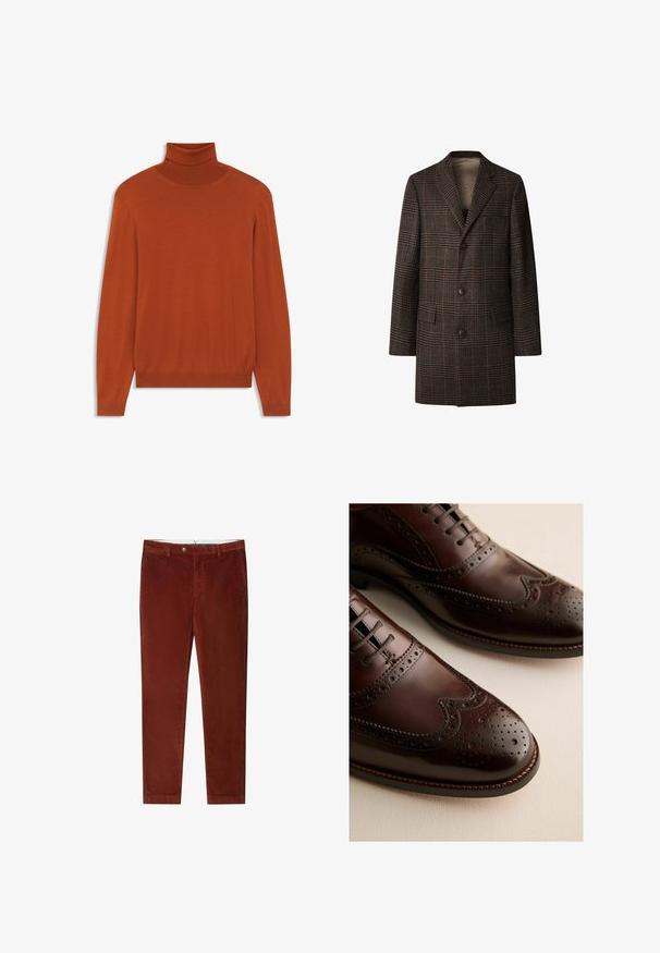 Mænds brun plaid uldfrakke med spidse revers, tre sorte knapper og to forreste klaplommer, vist på hvid baggrund.; Rustrød turtleneck sweater lavet af blødt stof. Tæt siddende design med lange ærmer samt ribkant ved halsen og i kanten. Glat tekstur over hele sweateren.; Brune kordfløjt bukser med lige ben, der har knaplukning og lommer, glat tekstur og subtil ribbet mønster.; Et par mørkebrune læderbroguesko med dekorative perforeringer og snørebånd på en lys overflade.