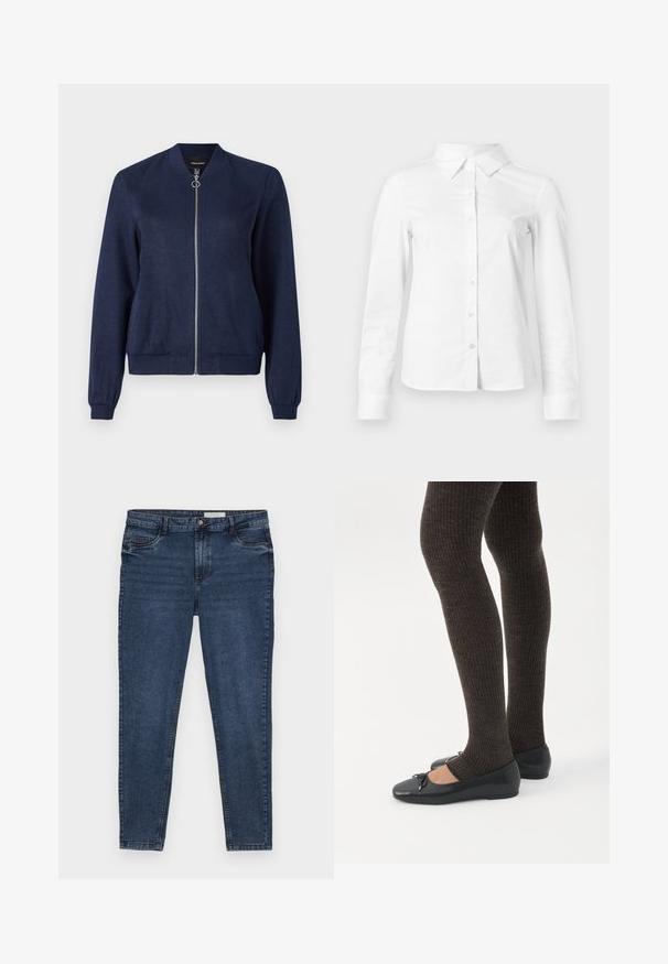 Marineblauwe bomberjack met een zilveren rits en ronde trekstrip, met ribgebreide manchetten en tailleband, tegen een effen witte achtergrond.; Witte blouse met lange mouwen en knopen, met puntige kraag, rechte zoom en aansluitende silhouet, weergegeven op een effen lichte achtergrond.; Donkerblauwe spijkerbroek met een slim fit, vijfzakkenontwerp en gouden stiksel. Voorzien van een ritssluiting en knoopsluiting. Glad textuur.; Benen met donkere geribbelde leggings gecombineerd met zwarte ballerina's met kleine strikdetails op een witte achtergrond.