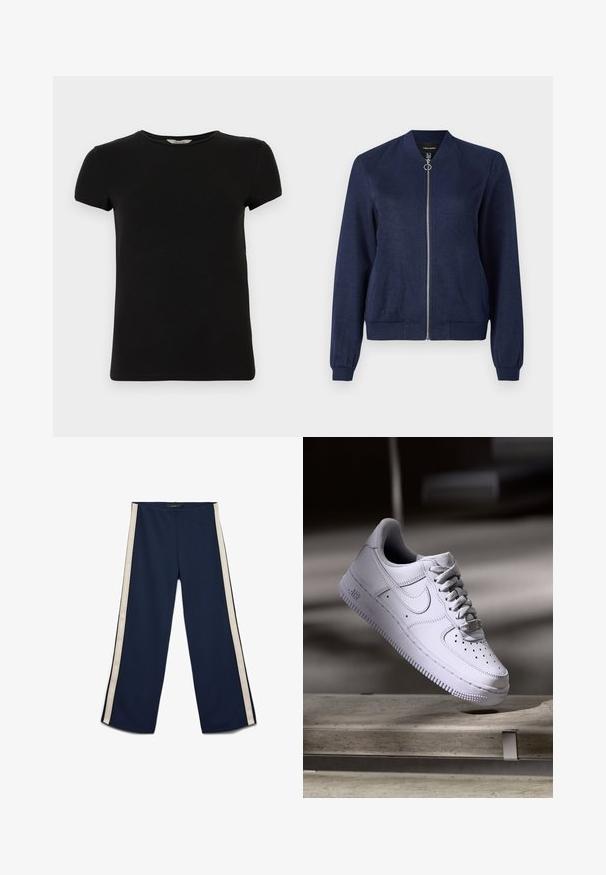 Marineblauwe bomberjack met een zilveren rits en ronde trekstrip, met ribgebreide manchetten en tailleband, tegen een effen witte achtergrond.; Zwart t-shirt met korte mouwen en ronde hals, gemaakt van soepel katoen, met een eenvoudig ontwerp en zonder zichtbare patronen of accenten.; Marineblauwe broek met wijde pijpen, witte strepen aan de zijkant, elastische tailleband en een gladde stoftextuur, plat gelegd op een witte achtergrond.; Witte Nike Air Force 1 sneaker die zweeft boven een betonnen oppervlak met schaduwen in een minimalistische setting.