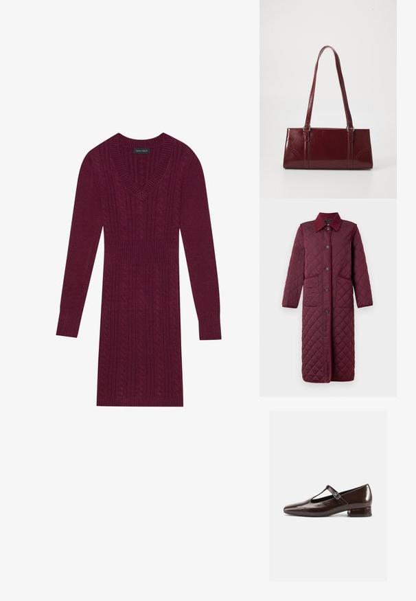 Vero Moda VMEMILY Quilted - Talvemantel - winetasting; Bordo kudum Kleid V-kaelusega, pikkade varrukatega, soonikute käistega ja kogu kleidi ulatuses toruknitti mustriga. Kerge talje disain.; Pruun läikiva nahaga Mary Jane stiilis kingad ümarate esiosade, lõikekujunduse ja reguleeritava rihmaga. Madal plokktald.; Burgundia värvi käekott, mis on valmistatud läikivast materjalist, ristküliku kujuline, kahe õlapaelaga ning ees on peened kaarjad aktsendid.