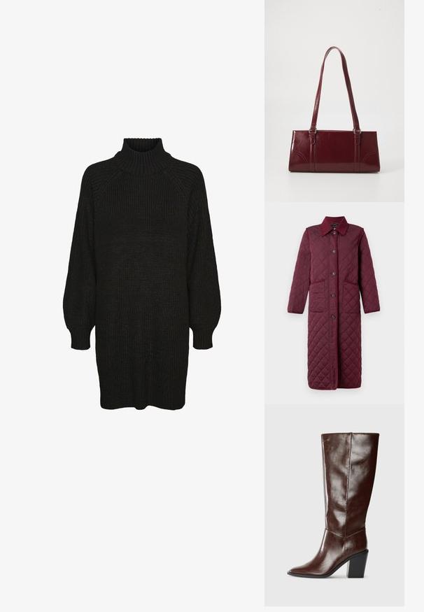Vero Moda VMEMILY Quilted - Zimný kabát - winetasting; Čierne pletené šaty s vysokým ribovaným golierom, raglánovými rukávmi a textúrovanou látkou. Voľný strih s manžetovými rukávmi a rovým lemom.; Vysoká tmavo hnedá kožená topánka s špicatou špičkou a blokovým podpätkom, zobrazená zboku na jednofarebnom pozadí.; Bordová kabelka vyrobená z lesklého materiálu, obdĺžnikový tvar, s dvoma ramennými popruhmi a jemnými zakrivenými akcentmi na prednej strane.