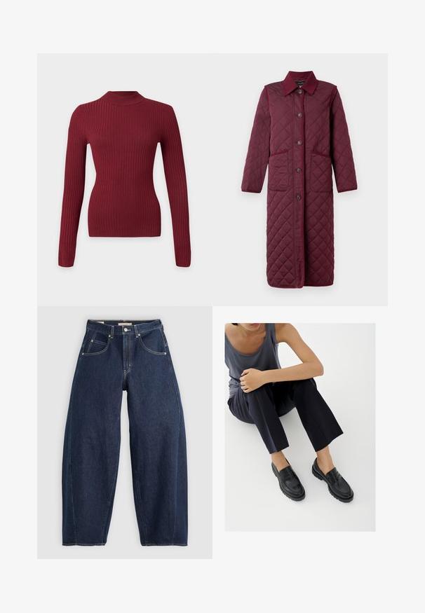 Vero Moda VMEMILY Quilted - Vinterfrakke - winetasting; Langærmet tætsiddende ribstrikket sweater i mørkerød med høj rund hals på hvid baggrund.; Mørkeblå denim jeans med løs pasform, lyse syninger, fem lommer og en knaplukning ved taljen.; Sorte læderloafers med teksturerede detaljer, lav hæl, rund tå og synlige syninger. Modellen bærer mørke bukser og en grå top.