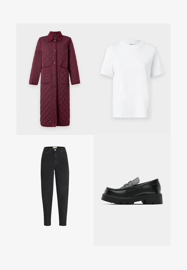 Vero Moda VMEMILY Quilted - Abrigo de invierno - winetasting; Camiseta de algodón blanca de cuello redondo con mangas cortas y una textura suave. Diseñada con un ajuste relajado para mayor comodidad y versatilidad.; Pantalones vaqueros negros de cintura alta y corte cónico, con cierre delantero de botón y cremallera, bolsillos delanteros y traseros, y detalles de remaches metálicos.; Mocasines de cuero negro con suela gruesa y texturizada, que presentan una correa sobre el empeine y un acabado suave y pulido.