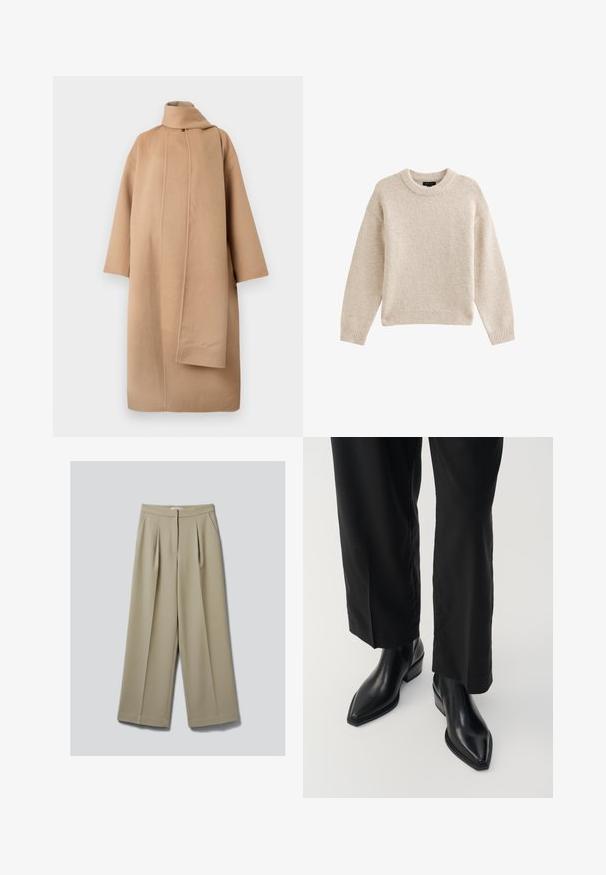 Tan uldfrakk med høj krave, brede ærmer og en asymmetrisk frontåbning. Glat tekstur og minimalistisk design.; Beige strikket sweater med rund hals, lange ærmer og ribbet kant. Tekstureret stof med en blød udseende. Enkel og alsidig design.; Beige bukser med brede ben, forlommer og skjult forlukning, vist på en neutral baggrund.; Sorte læder ankelstøvler med spids tå, glat tekstur og firkantet hæl. Kombinationen med sorte, vide bukser skaber en slank silhuet.