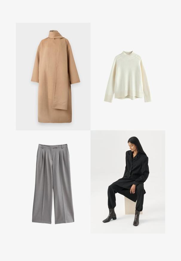 Tan uldfrakk med høj krave, brede ærmer og en asymmetrisk frontåbning. Glat tekstur og minimalistisk design.; Cremefarvet sweater med ribbet høj hals, lange ærmer og en afslappet pasform. Struktureret strikstof og ribbestykke detalje i bunden.; Grå vidde bukser med plisseret front, lavet af et glat stof. Har en flad talje med bæltestropper og sidelommer.; Kvinde med langt mørkt hår, siddende iført en løs sort blazer, matchende vidde bukser og mørke ankelstøvler mod en ensfarvet hvid baggrund.