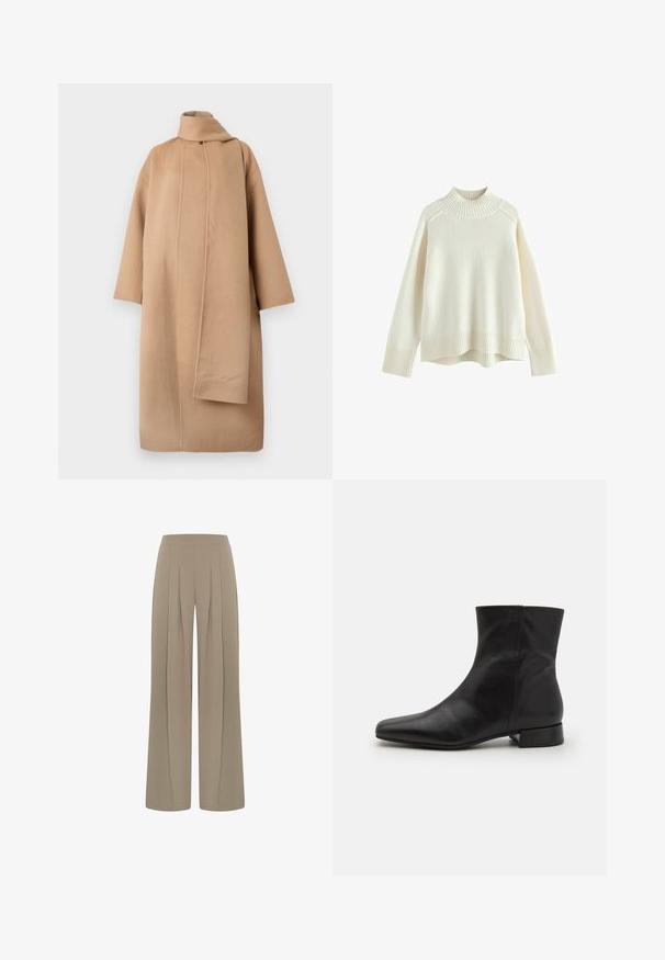 Tan uldfrakk med høj krave, brede ærmer og en asymmetrisk frontåbning. Glat tekstur og minimalistisk design.; Cremefarvet sweater med ribbet høj hals, lange ærmer og en afslappet pasform. Struktureret strikstof og ribbestykke detalje i bunden.; Beige højtaljede bukser med vide ben og forreste folder, designet til en løs og afslappet pasform.; Sort læder ankelstøvle med spids tå, glat tekstur, minimalistisk design og en lav blokhæl. Sidelukning går op til anklen.
