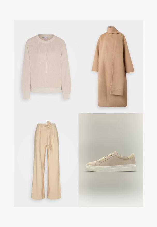 Hnedý vlnený kabát s vysokým golierom, širokými rukávmi a asymetrickým predným otvorom. Hladká textúra a minimalistický dizajn.; Anna Field by Zalando Svetrík - grey; Béžové nohavice s širokými nohavicami vyrobené z hladkého materiálu, s detailom na viazanie v páse a prednými záhybmi pre štruktúrovaný tvar.; Béžová semišová nízka teniska s krémovou gumenou podrážkou a zodpovedajúcimi šnúrkami, zobrazená zboku na neutrálno pozadí.
