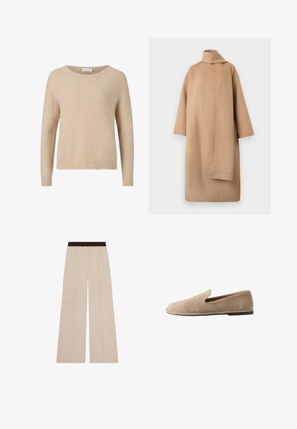 Tan uldfrakk med høj krave, brede ærmer og en asymmetrisk frontåbning. Glat tekstur og minimalistisk design.; Beige striktrøje med rund halsudskæring, lange ærmer og ribkant. Blød tekstur og afslappet pasform. Mærke synligt ved halsudskæringen.; Beige bukser med vide ben og en mørkebrun elastisk talje, med subtile vertikale sømdetaljer.; Beige ruskind slip-on loafers med rund tå, lav flad hæl, syet sål og elastisk sideindsats for nem påtagning.