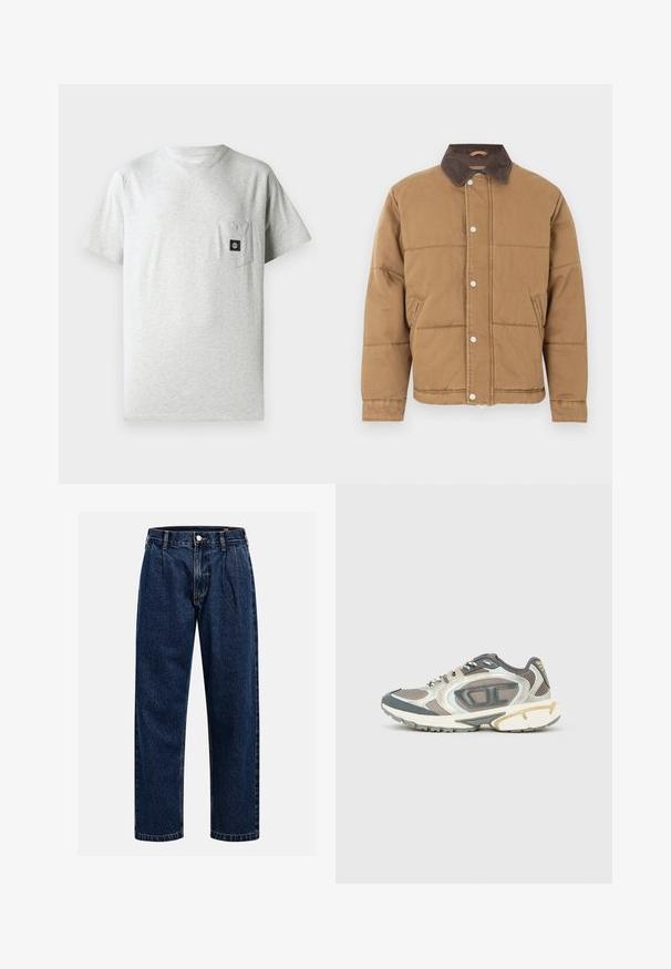 Brun polstret jakke med en corduroy krave, trykknapper og sidelommer. Struktureret stof med lodrette stikninger.; Herret grå bomulds t-shirt med rund halsudskæring, korte ærmer og lomme på venstre bryst, forsynet med en lille sort logo-patch.; Mørkeblå denimjeans med lige ben-design. Har synlige syninger, en knaplukning og frontfoldninger for ekstra detalje.; Sportssko i grå, hvide og beige materialer med en mesh-overdel, tyk sål og teksturerede accenter. Reflekterende detaljer på siderne.