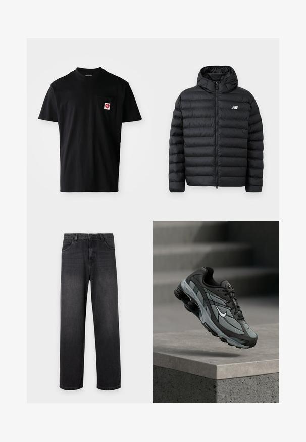 Chaqueta de plumas negra con capucha, con cierre frontal de cremallera, textura acolchada y logo de New Balance en el lado izquierdo del pecho. Material suave y ligero.; Camiseta de algodón negra con escote redondo, mangas cortas y bolsillo en el pecho izquierdo que presenta un parche en forma de corazón rojo con texto blanco.; Jeans de denim gris oscuro con un diseño de pierna recta, que cuentan con un cierre de cremallera, cinco bolsillos y sutiles detalles de desvanecimiento en la tela.; Zapatilla deportiva gris y negra con paneles de malla y suela gruesa, posicionada en el aire sobre un saliente de hormigón con escaleras de fondo.