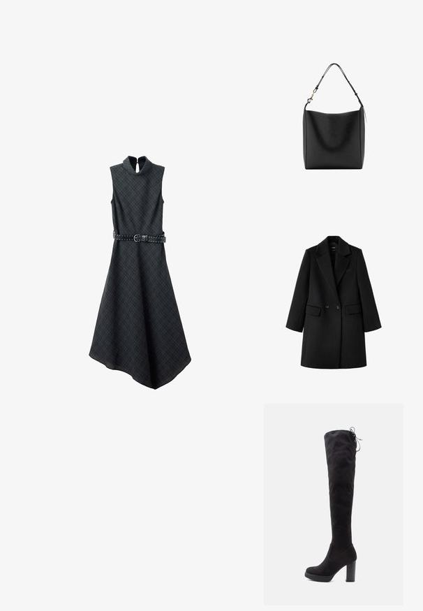Manteau en laine noir à double boutonnage avec larges revers, deux poches avant à rabat et manches longues, présenté sur fond blanc.; Robe sans manches en tartan gris foncé avec col haut, ouverture ; Bottes noires au-dessus du genou en suede doux, avec un talon épais, une semelle plateforme et un détail en lacets en haut pour un ajustement réglable.; Sac à bandoulière en cuir noir avec un large compartiment principal et une sangle réglable dotée d'une boucle en métal doré.