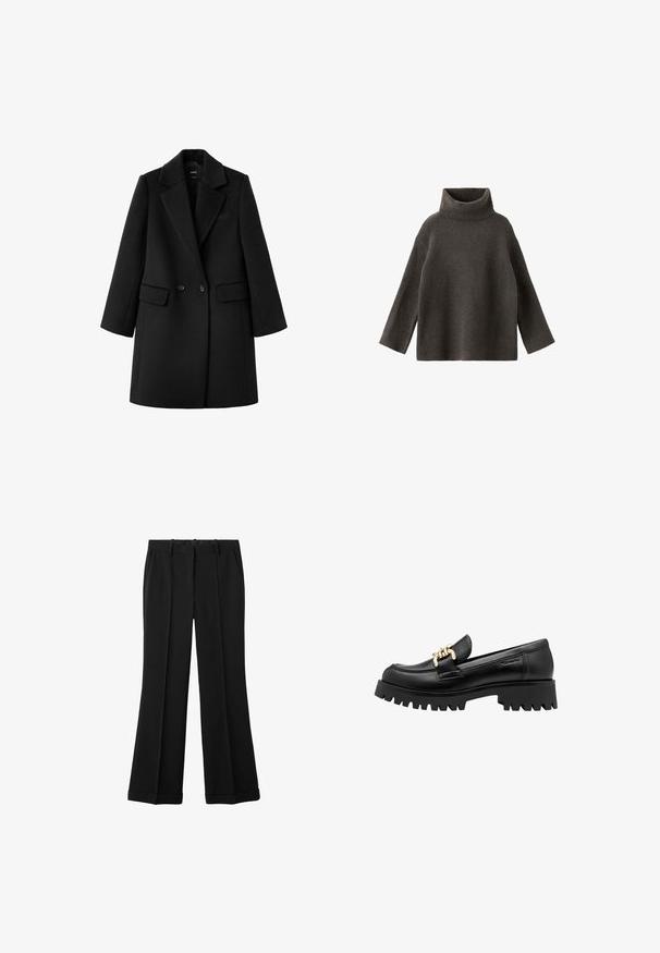 Manteau en laine noir à double boutonnage avec larges revers, deux poches avant à rabat et manches longues, présenté sur fond blanc.; Pull col roulé gris foncé à manches longues avec poignets et ourlet côtelés.; Pantalon noir sur mesure avec jambes droites, pli à l'avant, poches latérales, passants de ceinture et ourlets pliés sur fond blanc uni.; Mocassin en cuir noir avec une semelle en caoutchouc épaisse, ornée d'une chaîne dorée décorative à l'avant. Texture lisse avec un bout arrondi.