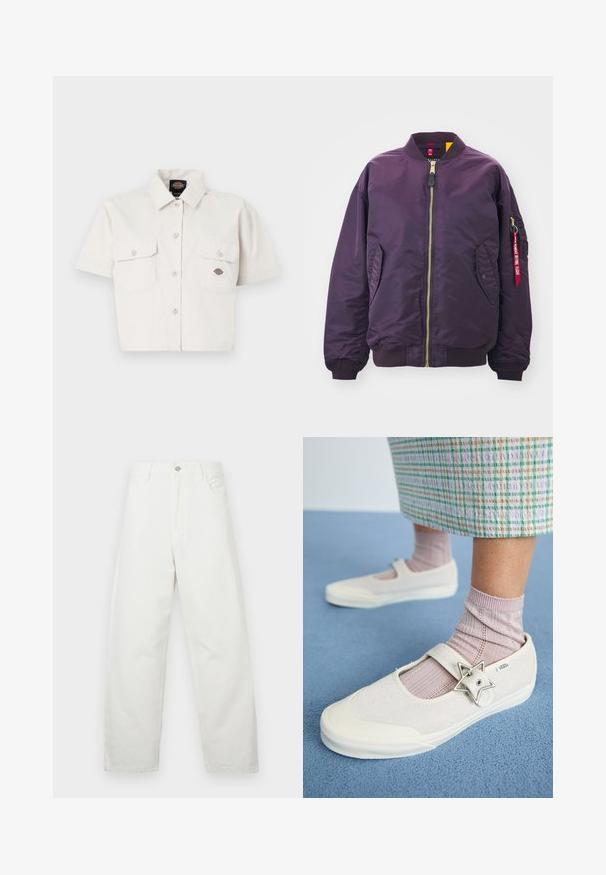 Alpha Industries CORE - Bomberjacks - plum; Korte mouwen, cropped wit shirt van katoen met twee borstzakken, knoopsluiting aan de voorkant en een logo patch op de linker zak.; Witte jeans met wijde pijpen gemaakt van katoen, uitgerust met een klassieke vijfzakkenontwerp en een metalen knoopsluiting in de taille. Soepele textuur.; Witte canvas schoenen met een suède bovenkant, een band over de wreef en een stervormige zilveren accent. Gecombineerd met lichtroze geribde sokken.
