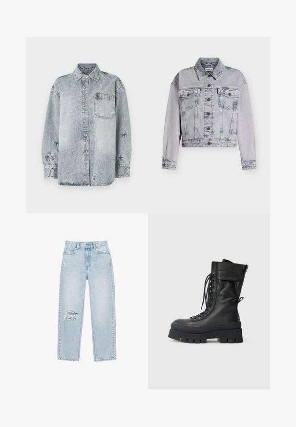 Lysvasket denimjakke med knaplukning foran, to brystlommer med klap, krave, lange ærmer og et lille trekantet mærkelogo nær kanten.; Lyseblå denimskjorte med lange ærmer, knaplukning foran, enkelt brystlomme og krydsbroderi detaljer på ærmerne.; Lyseblå denimjeans med løs pasform, der har slidte huller ved knæene og subtil falmning over det hele. Standard design med fem lommer.; Sort læderkampstøvle med høj skaft, snørebånd foran, teksturerede accenter, tyk sål og syet detaljer. Har en bageste løftestrop.