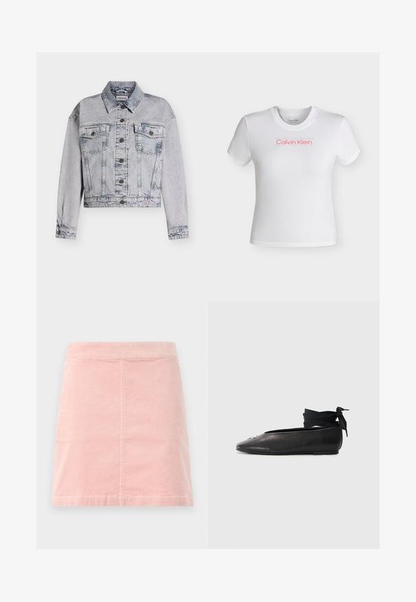 Hellblau gewaschene Jeansjacke mit Knopfleiste vorne, zwei Brusttaschen mit Klappen, Kragen, langen Ärmeln und einem kleinen dreieckigen Markenlogo nahe dem Saum.; Weißes kurzärmeliges, bauchfreies T-Shirt mit rundem Ausschnitt, mit rotem "Calvin Klein"-Logo und schwach sichtbarem "SPORT"-Schriftzug darüber auf der Brust.; Rosa Cord-Ripp-Minirock mit taillierter Passform und vertikaler Rippstruktur. Der Saum ist gerade und er hat ein schlichtes Design ohne Verzierungen.; Schwarze Leder-Ballerinas mit spitzem Zehenbereich, ausgestattet mit einem gewebten Stoff-Ankle-Tie und einem kleinen dekorativen Akzent auf der Zehe.