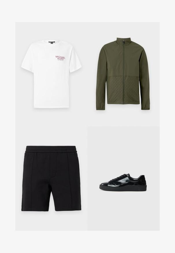 Veste zippée verte olive avec col montant, manches longues, poignets élastiques et motif monogramme "MK" discret sur les panneaux avant inférieurs.; T-shirt blanc à manches courtes avec le logo "Michael Kors New York City" en rouge sur la poitrine gauche et un col rond.; Shorts noirs mi-cuisses avec taille élastique et coutures verticales sur le devant.; Baskets en cuir verni noir avec un bout arrondi, un laçage, une semelle en caoutchouc texturé et une finition lisse.