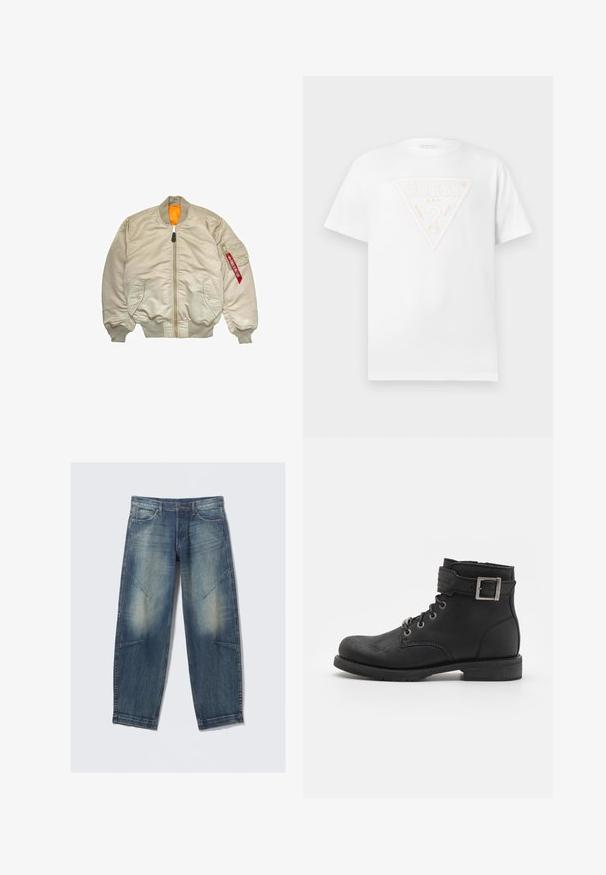 Beige Bomberjacke mit einem Reißverschluss vorne, gerippten Bündchen und Saum. Sie hat ein orangefarbenes Futter und ein rotes Etikett am linken Ärmel.; Weißes T-Shirt mit kurzen Ärmeln und einem erhöhten weißen Dreieck-Logo-Patch auf der Brust mit der Aufschrift "GUESS U.S.A. Washed Jeans".; Hellblaue Jeans aus Denim mit lockerem Schnitt, verwaschenen Stellen, Fronttaschen und diagonalen Nahtakzenten. Gerader Beinverlauf.; Schwarze Leder-Ankle-Boots mit schnürbarem Design, Metallbeschlägen und einem seitlichen Riemen mit Schnallendetail. Robuste Sohle und glatte Textur.