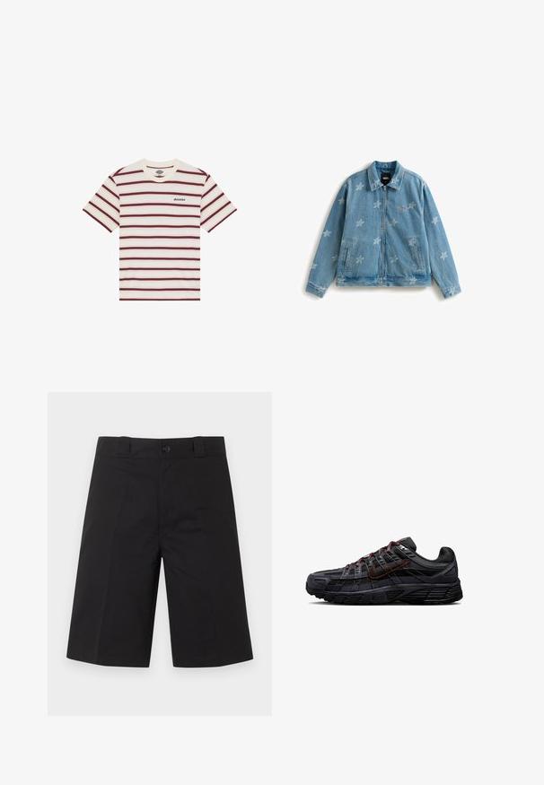 Lyseblå denimjakke med lynlås foran. Har stjernemønstre på stoffet, to sidelommer og krave. Brandlogo er til stede.; Kortærmet T-shirt med vandrette maroon- og cremefarvede striber, med "Dickies" logo broderet på venstre bryst.; Sorte knælange, skræddersyede shorts med bæltestropper og frontknaplukning mod en ens hvid baggrund.; Mørkegrå atletiksko med sorte og røde accenter, detaljeret syning, Nike swoosh og tekstureret sål set fra ydersiden.