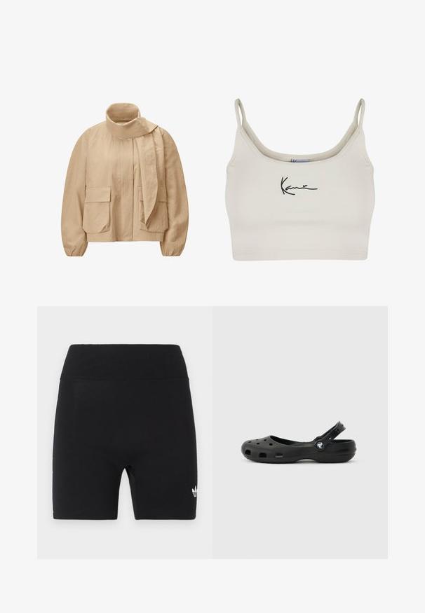 Beige letvægtsjakke med høj hals og bindedetalje, forlommer med klap, lange ærmer og elastiske manchetter.; Lys beige crop top med tynde stropper og en tætsiddende design. Har et broderet sort signatur på fronten. Glat tekstur og strækbart materiale.; Sorte højtaljede atletiske shorts med bred elastisk talje og lille hvid Adidas-logo på nederste højre ben.; Sort ventileret træsko med justerbar hælrem og tekstureret sål, designet til afslappet brug og komfort.