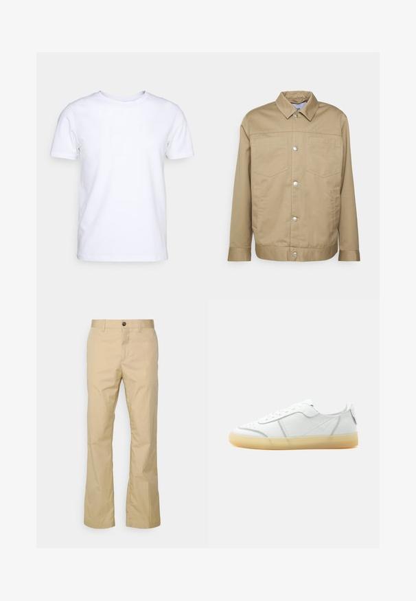 Won Hundred HAROLD - Lichte jas - camel; Witte katoenen t-shirt met korte mouwen en een ronde hals. Eenvoudig ontwerp zonder patronen of accenten. Glad textuur.; J.LINDEBERG DROPPER LIGHT PANTS - Broek - safari beige; Witte lage leren sneaker met beige doorschijnende zool, veters aan de voorkant en minimale stiksel details, zijaanzicht op een effen achtergrond.