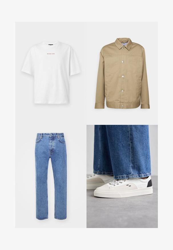 Won Hundred HAROLD - Lichte jas - camel; Wit T-shirt met korte mouwen en ronde hals, met kleine rode "MICHAEL KORS" tekst gecentreerd op de borst.; Won Hundred STEVE - Relaxed fit jeans - cut blue; Witte en zwarte sneakers met een glad leren bovenwerk, textuuraccenten en een chunky witte zool. Heeft een klassiek vetersluiting ontwerp.