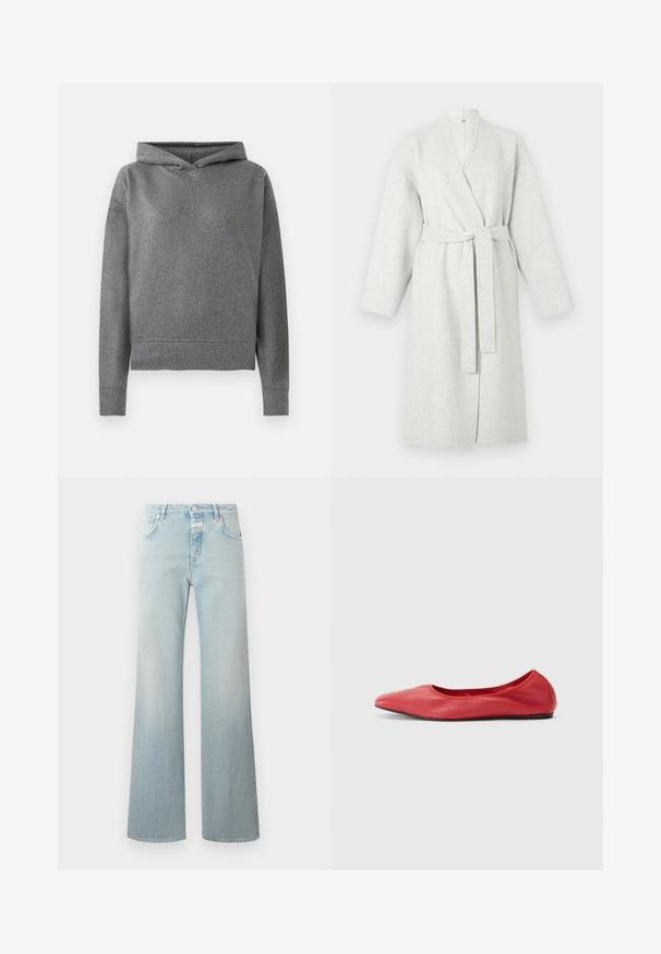 Lichtgrijze badjas gemaakt van zacht, gestructureerd materiaal. Heeft een wikkelontwerp, lange mouwen en een bijpassende ceintuur om de taille.; Grijze hoodie gemaakt van een zachte, gestructureerde stof. Beschikt over een capuchon met trekkoord, lange mouwen en een iets verkorte, losse pasvorm.; CLOSED GILLAN - Wide leg - light blue; Filippa K REY FLATS - Ballerina's - bright red