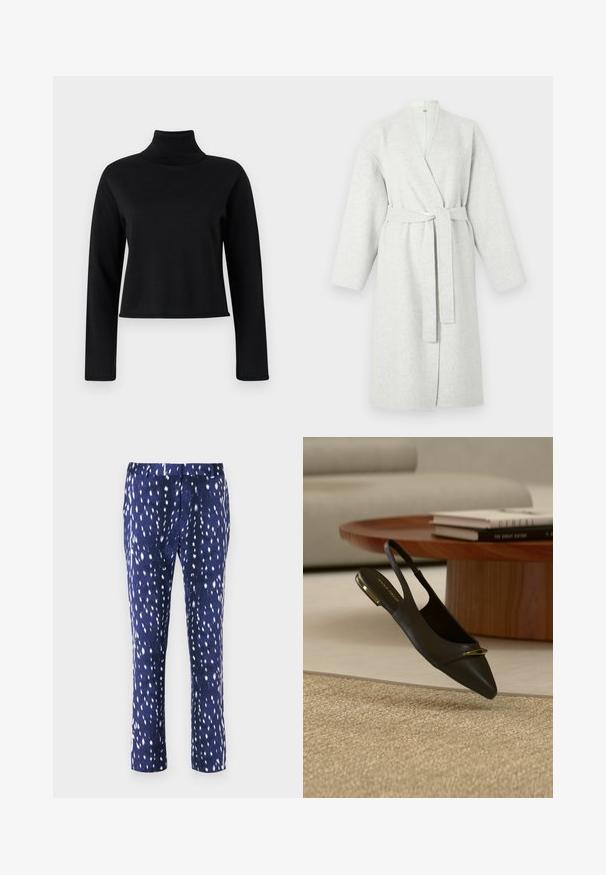Robe gris clair en tissu doux et texturé. Elle présente un design portefeuille, des manches longues et une ceinture assortie à nouer à la taille.; Pull à col roulé noir avec des manches longues, fabriqué en tissu doux et lisse. Présente un design ajusté et un col et des poignets côtelés.; Pantalons à motif marine avec une texture lisse, arborant un design à speckles blancs et une coupe droite. Idéaux pour une tenue décontractée ou semi-formelle.; Chaussure plate slingback en cuir noir à bout pointu avec un accent doré sur le bout et le talon, placée près d'une table basse ronde en bois et d'un tapis beige.