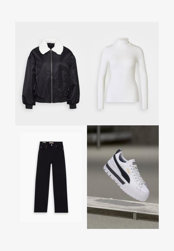 Veste bomber noire avec un col en fausse fourrure blanche, fermeture éclair, et poignets et ourlet élastiques. Tissu lisse et brillant avec une coupe décontractée.; Pull en maille côtelée blanche avec col roulé et manches longues, présentant un design ajusté et une texture douce. Col plat et look sans couture.; Jean en denim noir avec une coupe droite, cinq poches, matériel en cuivre et texture lisse. Deux étiquettes visibles sur la taille.; Baskets à plateforme blanches Puma avec bande noire et logo doré, flottant au-dessus d'un banc en béton en extérieur.