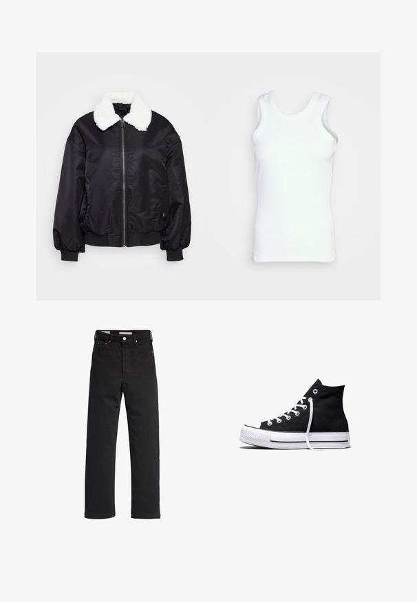 Schwarze Bomberjacke mit einem weißen Kunstfellkragen, Reißverschluss, sowie elastischen Bündchen und Saum. Glattes, glänzendes Material mit lockerer Passform.; Weißes ärmelloses Tanktop aus geripptem Baumwollstoff. Es hat einen runden Halsausschnitt und Seitennähte, mit einer figurbetonten Passform und glatter Textur.; Schwarze Denim-Jeans mit geradem Bein, hoher Taille, fünf Taschen, Metallknopfverschluss und minimalen Stitching-Details.; Schwarzer High-Top-Canvas-Sneaker mit weißer Gummisohle und weißen Schnürsenkeln, seitlich dargestellt vor weißem Hintergrund.