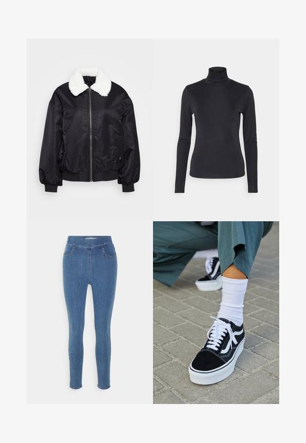 Sort bomberjakke med hvid kunstpelskrave, lynlås-lukning og elastiske manchetter og kant. Glat, blankt stof med en afslappet pasform.; Sort turtleneck langærmet top lavet af et glat, strækbart stof. Har et tætsiddende design og en høj krave. Minimalistisk stil, ingen synlige mønstre.; Blå denim jeggings med en glat tekstur, høj talje, fem-lomme design og tapered ben. Standard længde med en simpel kant.; Sorte ruskinds sneakers med hvide accenter og snørebånd, der har en tyk hvid sål og kontrasterende syninger, parret med en hvid sok.