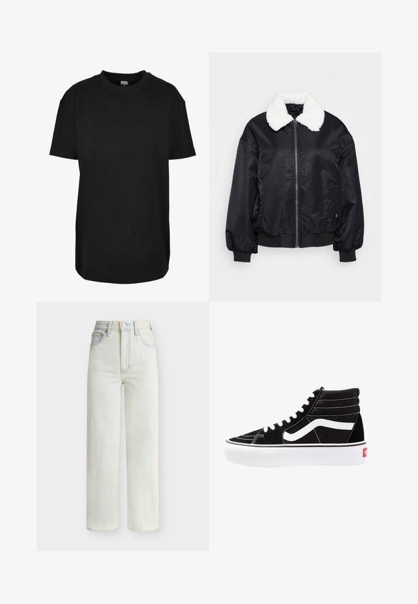 Schwarze Bomberjacke mit einem weißen Kunstfellkragen, Reißverschluss, sowie elastischen Bündchen und Saum. Glattes, glänzendes Material mit lockerer Passform.; Schwarzes T-Shirt mit kurzen Ärmeln und Rundhalsausschnitt in Größe XS mit dem Etikett "Urban Classics" innen am Kragen.; Hoch sitzende Jeans mit geradem Bein in Hellblau, mit vorderem Knopf, Reißverschluss und Fünf-Taschen-Stil.; Schwarze High-Top-Sneaker mit weißen Schnürsenkeln, einem weißen Logo und kontrastierendem weißen Nähten. Verfügt über eine dicke weiße Sohle und ein strukturiertes Wildleder-Obermaterial.