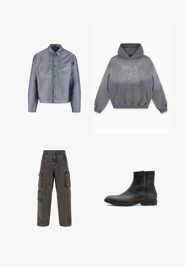 Svetlomodrá denimová bunda s gombíkovým zapínaním vpredu, dvoma náprsnými vreckami, bielymi prešívanými detailmi a výšivkou "Kang Jeans" na pravom vrecku.; Sivá mikina s kapucňou s textúrovanou potlačou "FAVELA Worldwide" a dizajnom orla, predným klokanie vreckom a rebrovanými manžetami.; Karl Kani OG BAGGY - Džínsy voľného strihu - grey; AllSaints LANG - Klasické členkové čižmy - brown