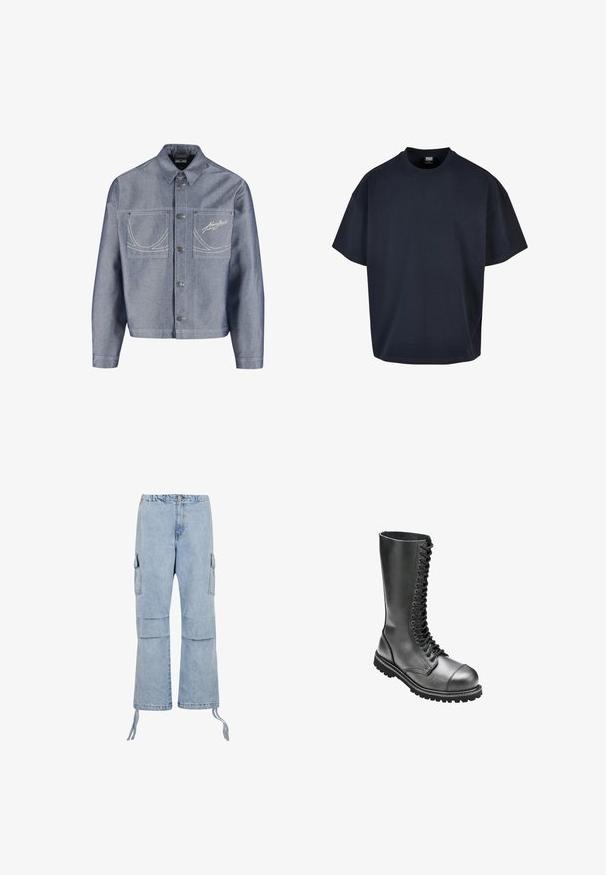 Svetlomodrá denimová bunda s gombíkovým zapínaním vpredu, dvoma náprsnými vreckami, bielymi prešívanými detailmi a výšivkou "Kang Jeans" na pravom vrecku.; Urban Classics ULTRA HEAVY OVERSIZED - Základné tričko - midnightnavy; Svetlo modré denimové cargo nohavice s voľným strihom, ktoré majú dve bočné vrecká, stiahnutý pás a nastaviteľné viazanie na členkoch.; Čierne kožené šnurovacie bojové topánky s vysokým zvrškom, okrúhlou špičkou, polstrovaným golierom a štruktúrovanou gumenou podrážkou pre lepšiu priľnavosť.