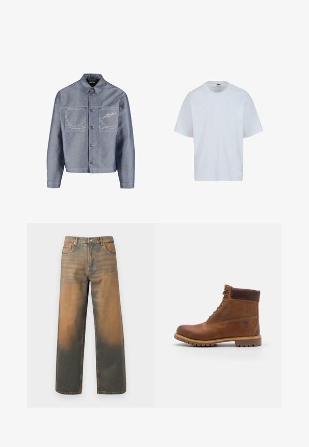 Lyseblå denimjakke med knaplukning foran, to brystlommer, hvide syninger og "Kang Jeans" broderet på højre lomme.; Hvid bomulds T-shirt med rund halsudskæring, korte ærmer og lige snit. Har subtile syningsdetaljer på skuldrene.; Videbenede jeans i slidte blå og brune denim. Har høj talje, forlommer og en klassisk knaplukning med metaldetaljer.; Brun læder vandrestøvle med en glat finish, polstret ankel, metalliske snørehuller og en gummisål med et robust dækmønster.