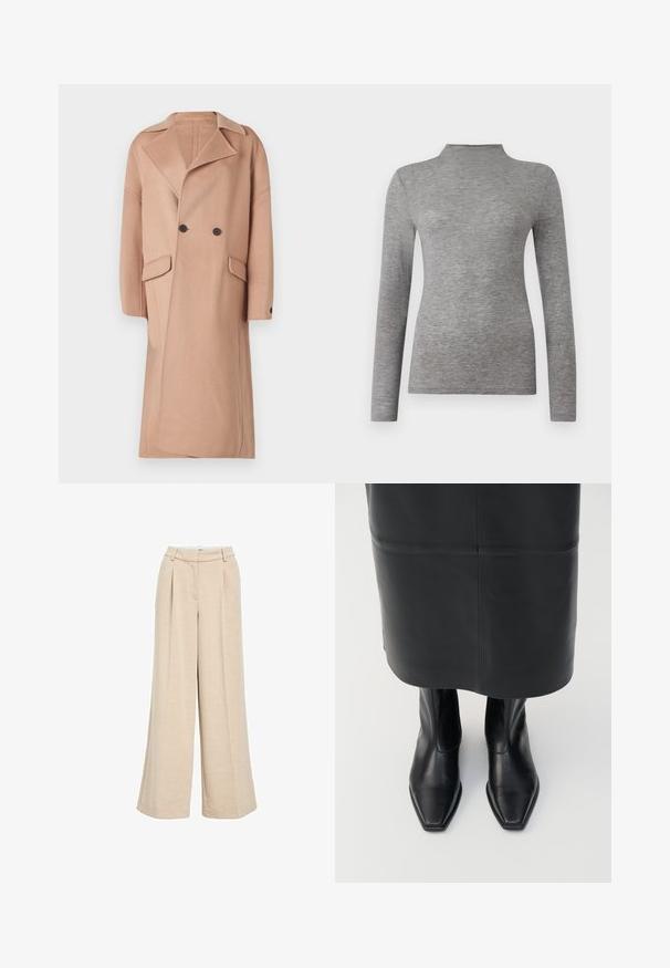 Lang, dobbeltradet frakke i lys beige, lavet af blødt uldlignende materiale. Har store frontlommer og mørke knapper. Med klippet revers-design.; Grå langærmet trøje med høj hals, lavet af blødt, struktureret stof. Har en tætsiddende pasform og ingen synlige mønstre eller accenter.; Lys beige bukser med vidde lavet af struktureret stof, med høj talje, frontfolder og sidelommer for ekstra funktionalitet.; Sorte læder støvler med høj ankel, firkantet tådesign og sideskilt. Glat tekstur og minimal hardware; sammen med en sort lædernederdel.