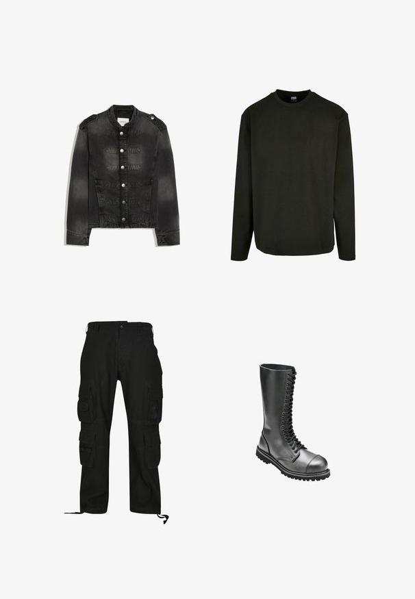 Schwarze Jeansjacke mit hohem Kragen, silbernen Knöpfen vorne, Schulterklappen und dekorativen gesteppte Bändern über der Brust.; Schwarzes Langarm-T-Shirt aus Baumwolle mit Rundhalsausschnitt und geradem Saum. Minimalistisches Design ohne Muster oder Akzente.; Schwarze Cargo-Hosen aus strapazierfähigem Material, mit mehreren Seitentaschen, lässiger Passform und verstellbaren Fußgelenkriemen.; Schwarze Leder-Schnürkampfstiefel mit hohem Schaft, runder Zehenpartie, gepolstertem Kragen und strukturiertem Gummisohle für besseren Halt.