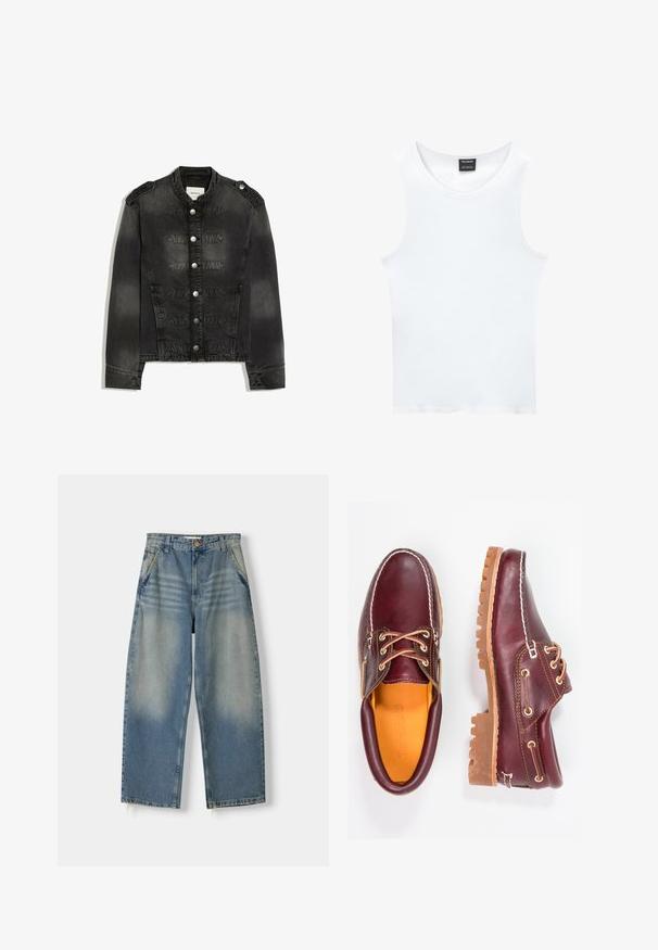 Schwarze Jeansjacke mit hohem Kragen, silbernen Knöpfen vorne, Schulterklappen und dekorativen gesteppte Bändern über der Brust.; Weißes ärmelloses Tanktop aus geripptem Baumwollmaterial. Hat einen gerundeten Ausschnitt und eine glatte Textur. Das Etikett trägt die Aufschrift "PULL&BEAR."; Hellblaue Denim-Jeans im weit geschnittenen Stil mit einem ausgewaschenen Finish, Fünf-Taschen-Design und rohem Saum. Mit einem Knopf- und Reißverschluss vorne.; Bordeauxfarbene Lederschuhe mit braunen Gummisohlen, runder Zehenform, weißen Nähten und goldenen Ösen. Das Innenfutter weist eine gelbe Beschichtung auf.